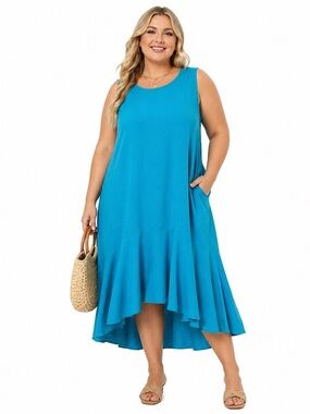 For Cynthia Teal Linen Blend Sleeveless Midi Dress XL Coastal Chic Resortwear
